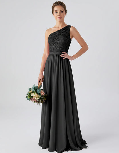 Lace Chiffon Sleeveless One-Shoulder A-Line Maxi Dress for Party, Cocktail, Evening, Wedding Guest & Summer Events, front vie