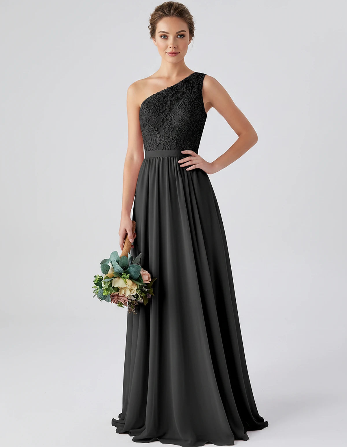 Lace Chiffon Sleeveless One-Shoulder A-Line Maxi Dress for Party, Cocktail, Evening, Wedding Guest & Summer Events, front vie