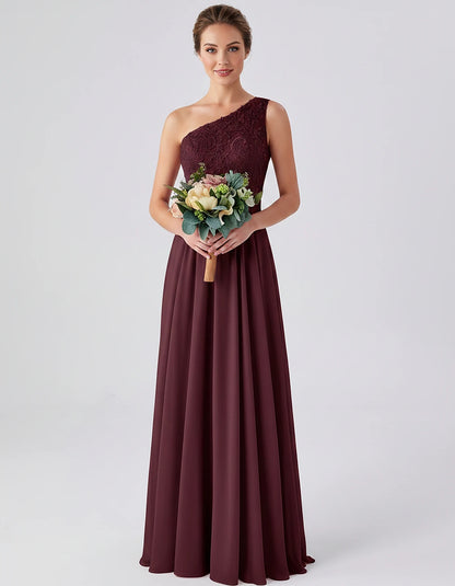 Lace Chiffon Sleeveless One-Shoulder A-Line Maxi Dress for Party, Cocktail, Evening, Wedding Guest & Summer Events, front vie