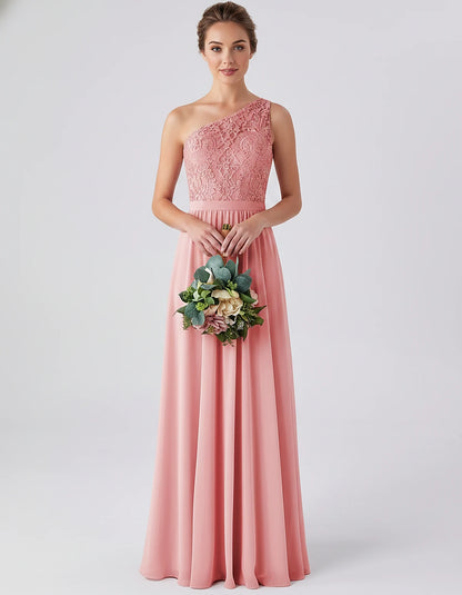 Lace Chiffon Sleeveless One-Shoulder A-Line Maxi Dress for Party, Cocktail, Evening, Wedding Guest & Summer Events, front vie