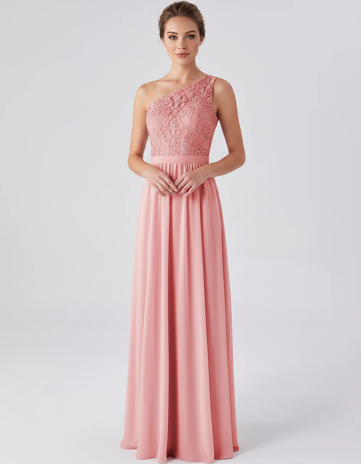 Lace Chiffon Sleeveless One-Shoulder A-Line Maxi Dress for Party, Cocktail, Evening, Wedding Guest & Summer Events, front vie