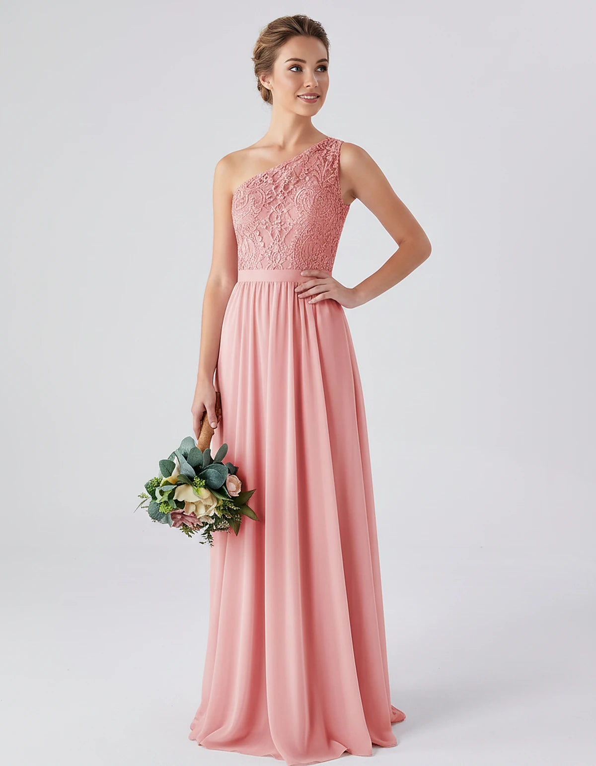 Lace Chiffon Sleeveless One-Shoulder A-Line Maxi Dress for Party, Cocktail, Evening, Wedding Guest & Summer Events, front vie