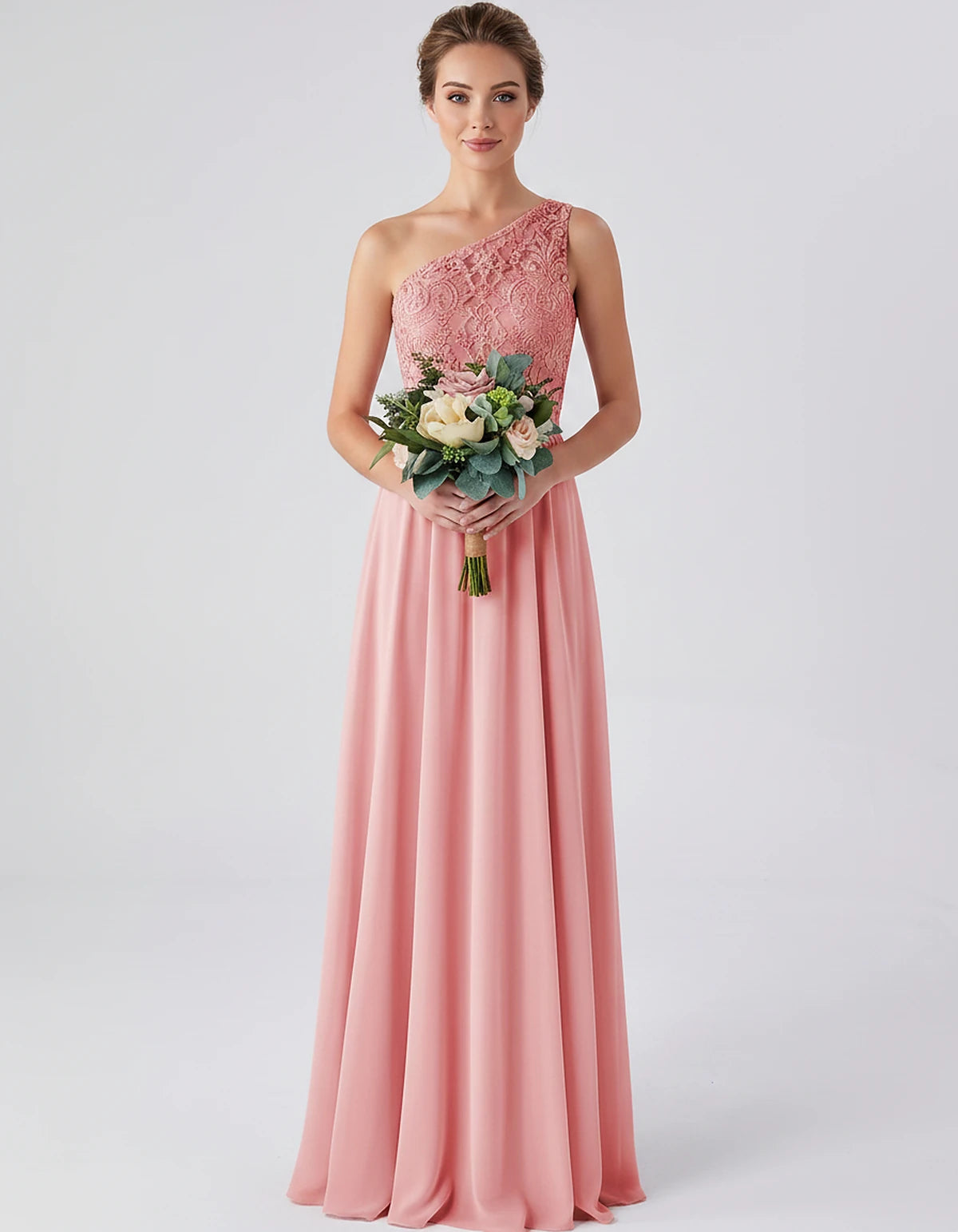Lace Chiffon Sleeveless One-Shoulder A-Line Maxi Dress for Party, Cocktail, Evening, Wedding Guest & Summer Events, front vie