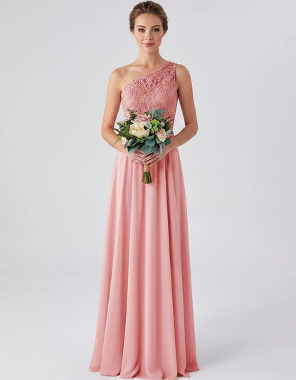 Lace Chiffon Sleeveless One-Shoulder A-Line Maxi Dress for Party, Cocktail, Evening, Wedding Guest & Summer Events, front vie