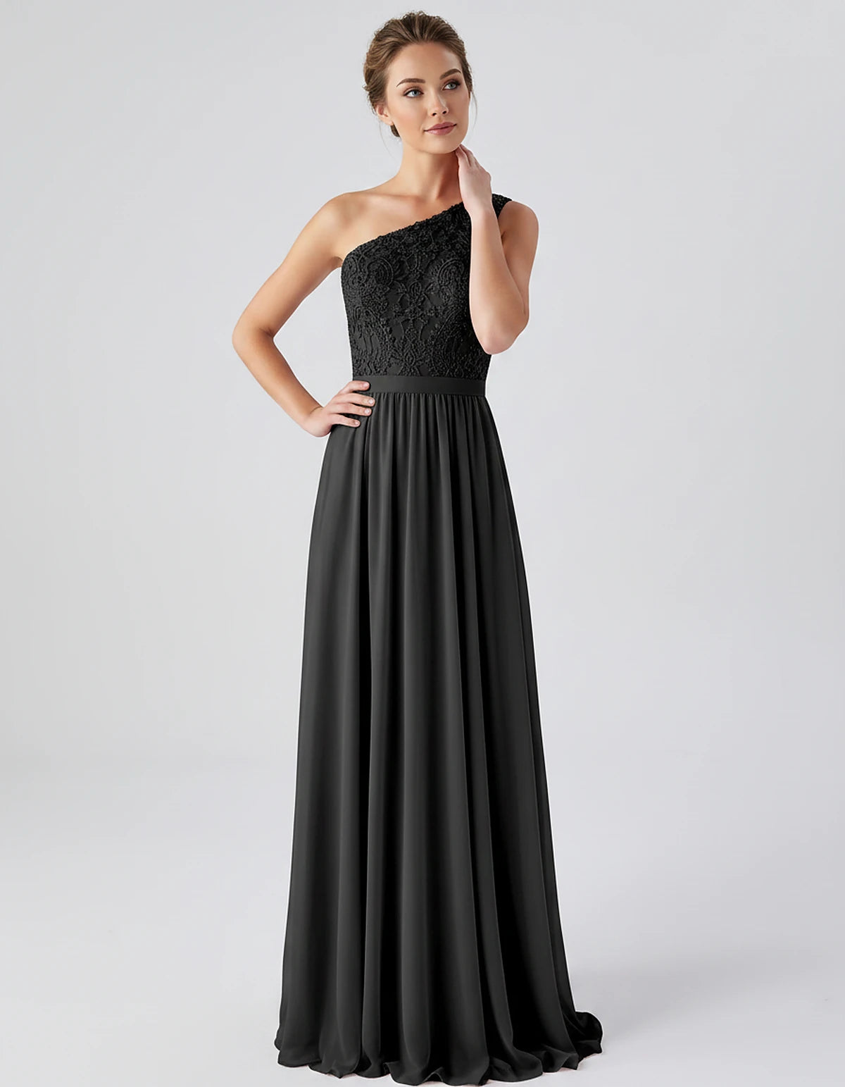 Lace Chiffon Sleeveless One-Shoulder A-Line Maxi Dress for Party, Cocktail, Evening, Wedding Guest & Summer Events, front vie