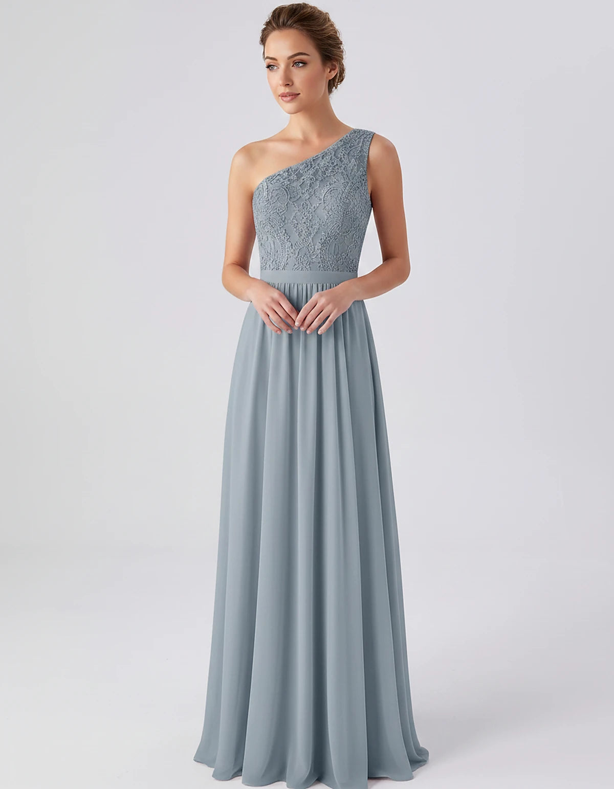 Lace Chiffon Sleeveless One-Shoulder A-Line Maxi Dress for Party, Cocktail, Evening, Wedding Guest & Summer Events, front vie