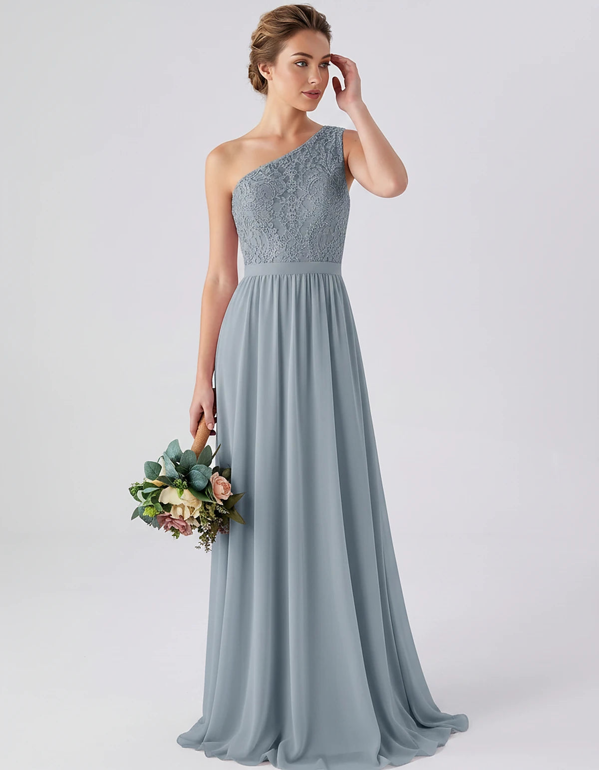 Lace Chiffon Sleeveless One-Shoulder A-Line Maxi Dress for Party, Cocktail, Evening, Wedding Guest & Summer Events, front vie