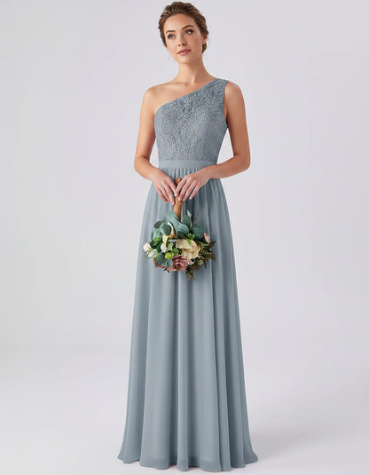 Lace Chiffon Sleeveless One-Shoulder A-Line Maxi Dress for Party, Cocktail, Evening, Wedding Guest & Summer Events, front vie