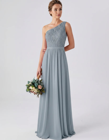 Lace Chiffon Sleeveless One-Shoulder A-Line Maxi Dress for Party, Cocktail, Evening, Wedding Guest & Summer Events, front vie