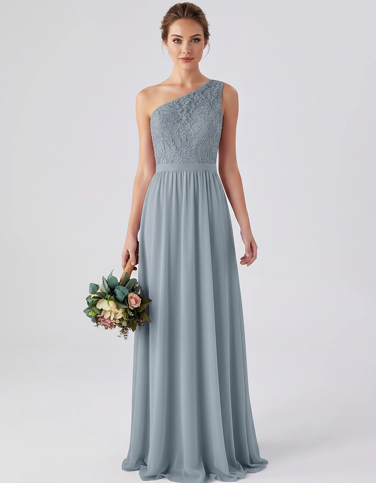 Lace Chiffon Sleeveless One-Shoulder A-Line Maxi Dress for Party, Cocktail, Evening, Wedding Guest & Summer Events, front vie