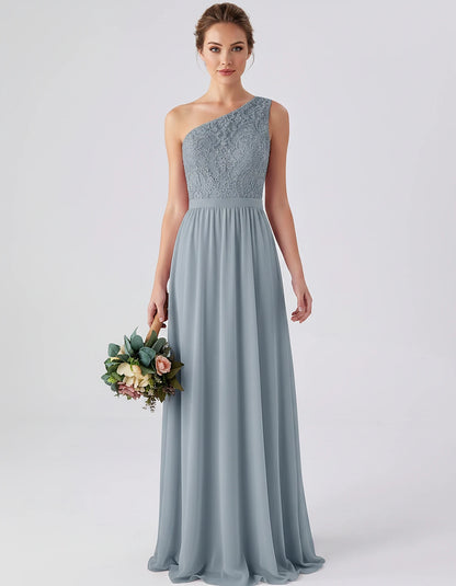 Lace Chiffon Sleeveless One-Shoulder A-Line Maxi Dress for Party, Cocktail, Evening, Wedding Guest & Summer Events, front vie