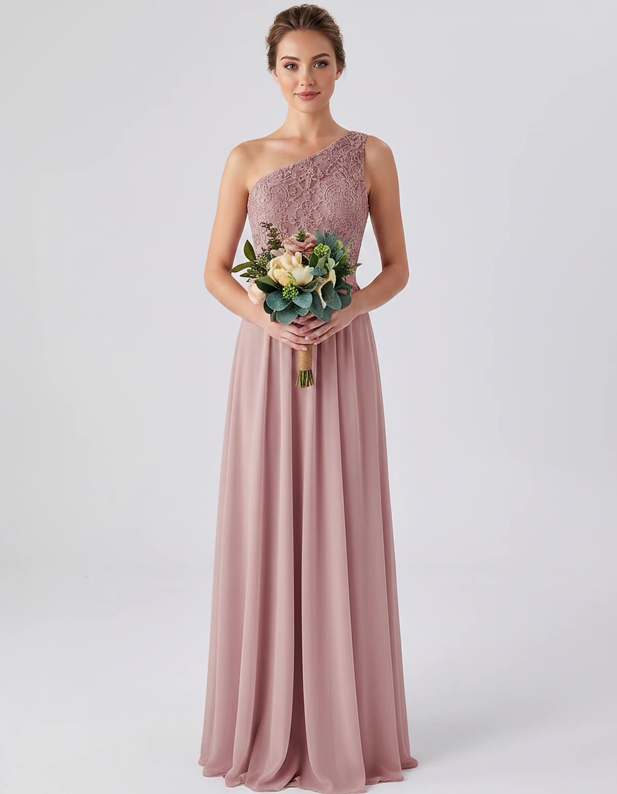 Lace Chiffon Sleeveless One-Shoulder A-Line Maxi Dress for Party, Cocktail, Evening, Wedding Guest & Summer Events, front vie
