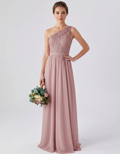 Lace Chiffon Sleeveless One-Shoulder A-Line Maxi Dress for Party, Cocktail, Evening, Wedding Guest & Summer Events, front vie