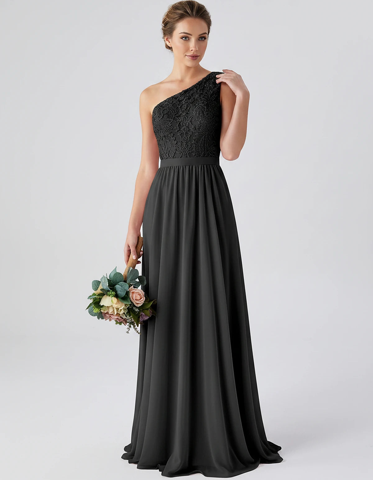 Lace Chiffon Sleeveless One-Shoulder A-Line Maxi Dress for Party, Cocktail, Evening, Wedding Guest & Summer Events, front vie