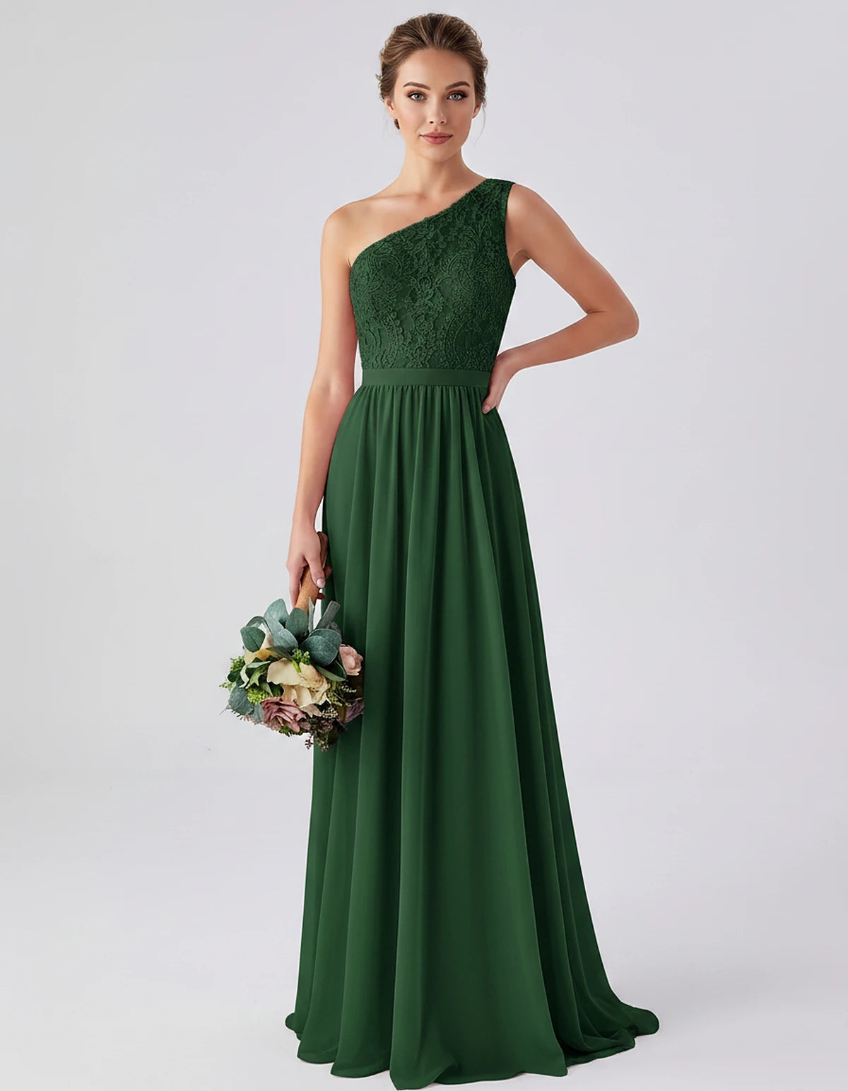 Lace Chiffon Sleeveless One-Shoulder A-Line Maxi Dress for Party, Cocktail, Evening, Wedding Guest & Summer Events, front vie