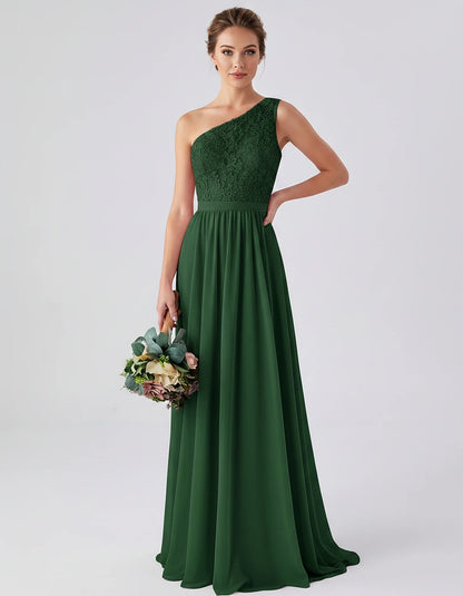 Lace Chiffon Sleeveless One-Shoulder A-Line Maxi Dress for Party, Cocktail, Evening, Wedding Guest & Summer Events, front vie