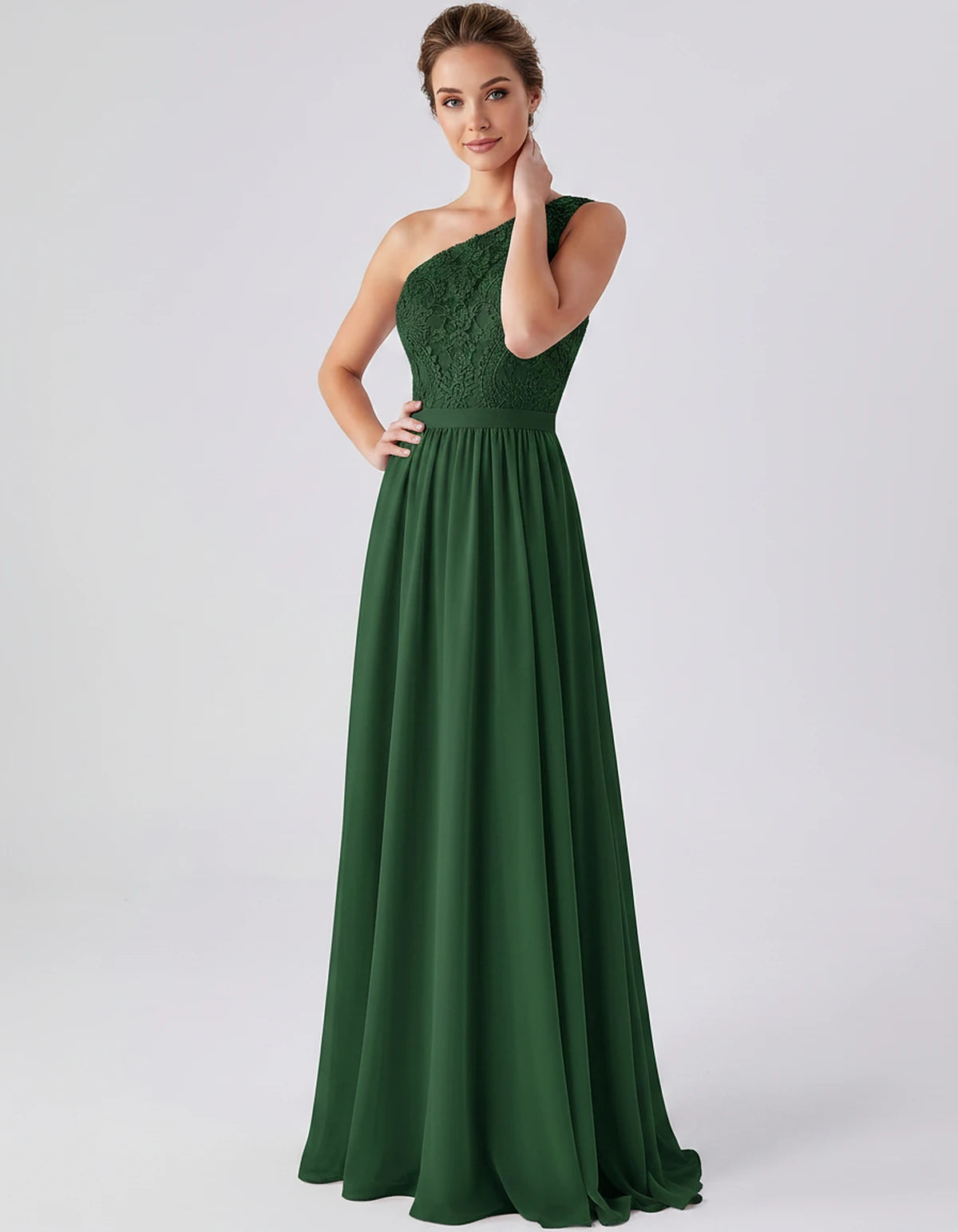 Lace Chiffon Sleeveless One-Shoulder A-Line Maxi Dress for Party, Cocktail, Evening, Wedding Guest & Summer Events, front vie