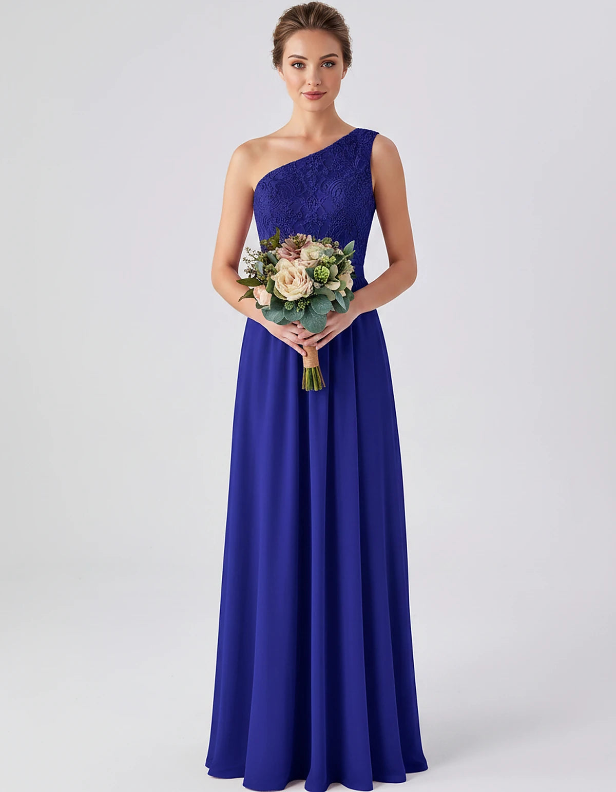 Lace Chiffon Sleeveless One-Shoulder A-Line Maxi Dress for Party, Cocktail, Evening, Wedding Guest & Summer Events, front vie