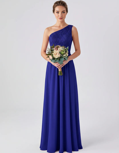 Lace Chiffon Sleeveless One-Shoulder A-Line Maxi Dress for Party, Cocktail, Evening, Wedding Guest & Summer Events, front vie
