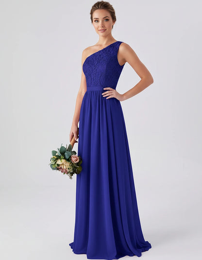 Lace Chiffon Sleeveless One-Shoulder A-Line Maxi Dress for Party, Cocktail, Evening, Wedding Guest & Summer Events, front vie