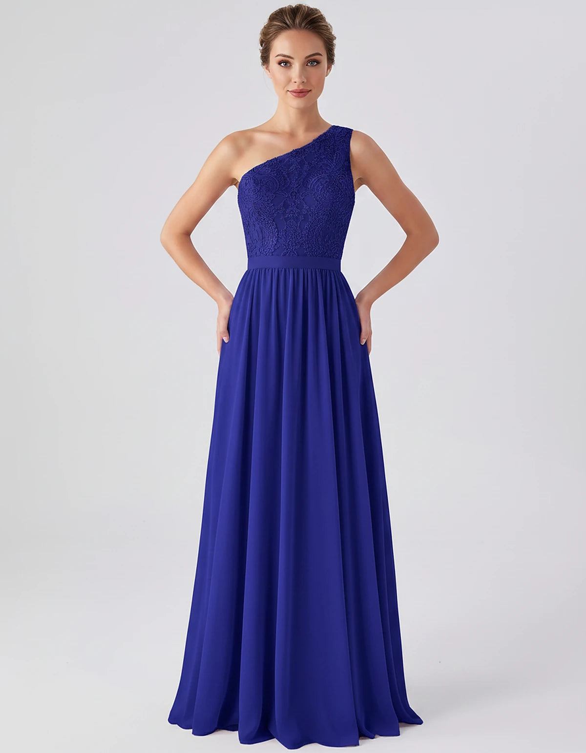 Lace Chiffon Sleeveless One-Shoulder A-Line Maxi Dress for Party, Cocktail, Evening, Wedding Guest & Summer Events, front vie