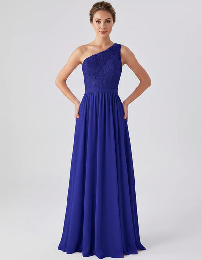 Lace Chiffon Sleeveless One-Shoulder A-Line Maxi Dress for Party, Cocktail, Evening, Wedding Guest & Summer Events, front vie