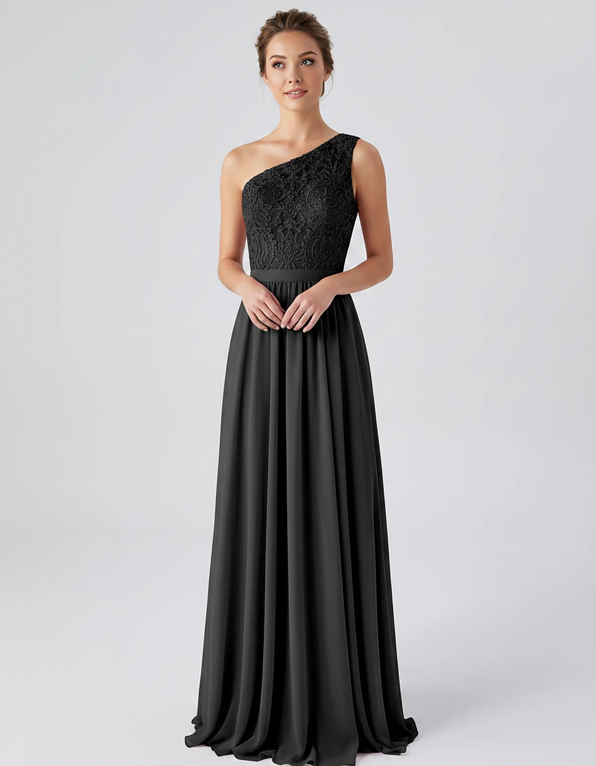 Lace Chiffon Sleeveless One-Shoulder A-Line Maxi Dress for Party, Cocktail, Evening, Wedding Guest & Summer Events, front vie