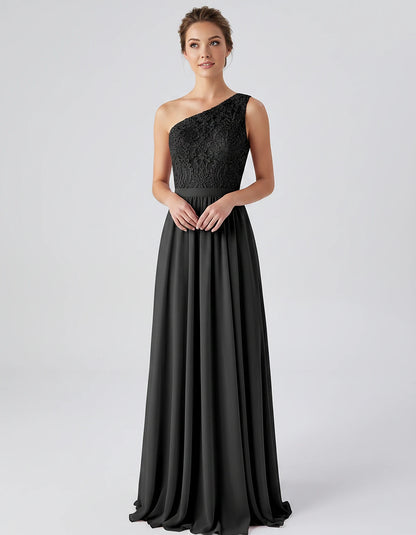 Lace Chiffon Sleeveless One-Shoulder A-Line Maxi Dress for Party, Cocktail, Evening, Wedding Guest & Summer Events, front vie