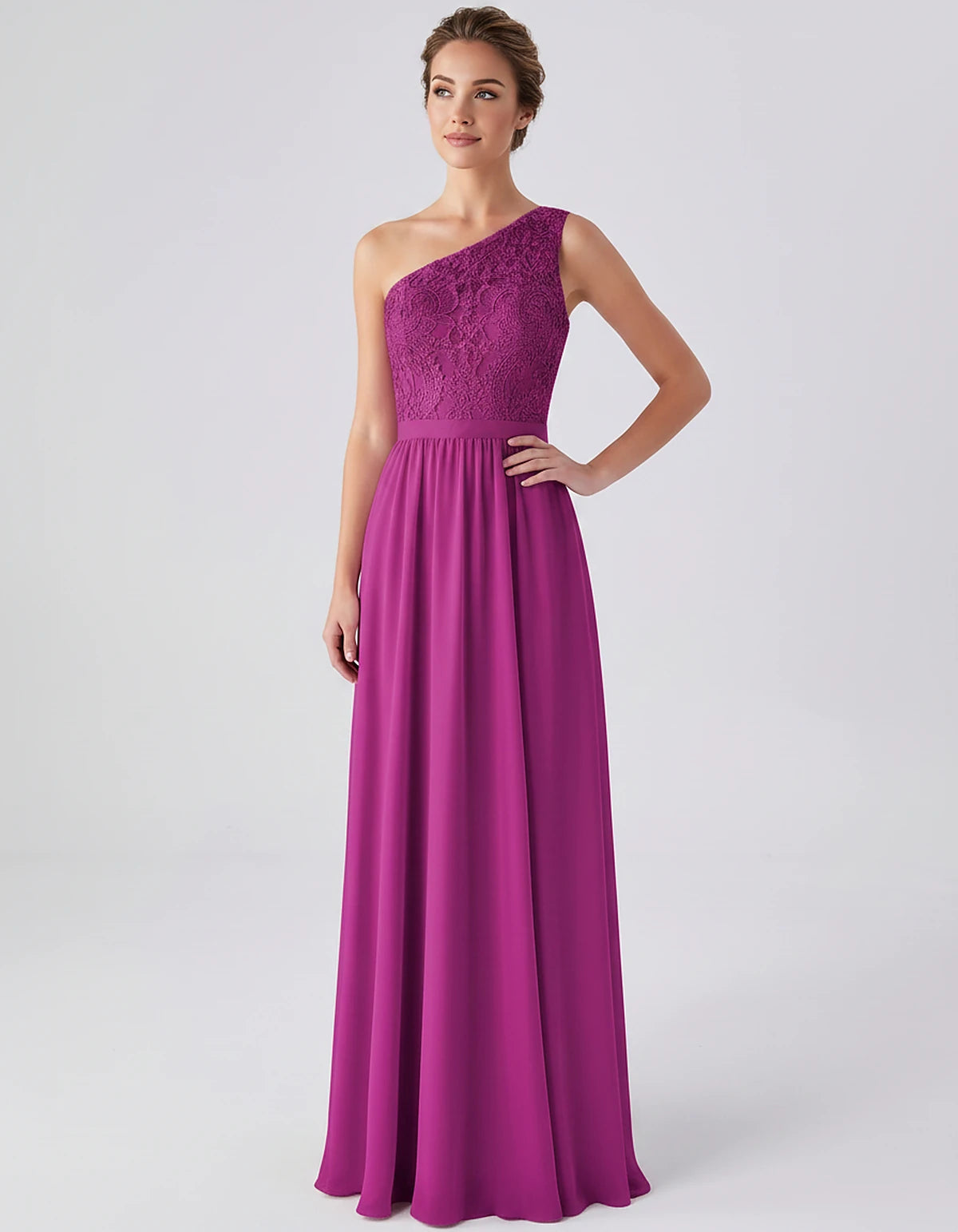 Lace Chiffon Sleeveless One-Shoulder A-Line Maxi Dress for Party, Cocktail, Evening, Wedding Guest & Summer Events, front vie