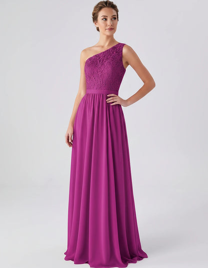 Lace Chiffon Sleeveless One-Shoulder A-Line Maxi Dress for Party, Cocktail, Evening, Wedding Guest & Summer Events, front vie