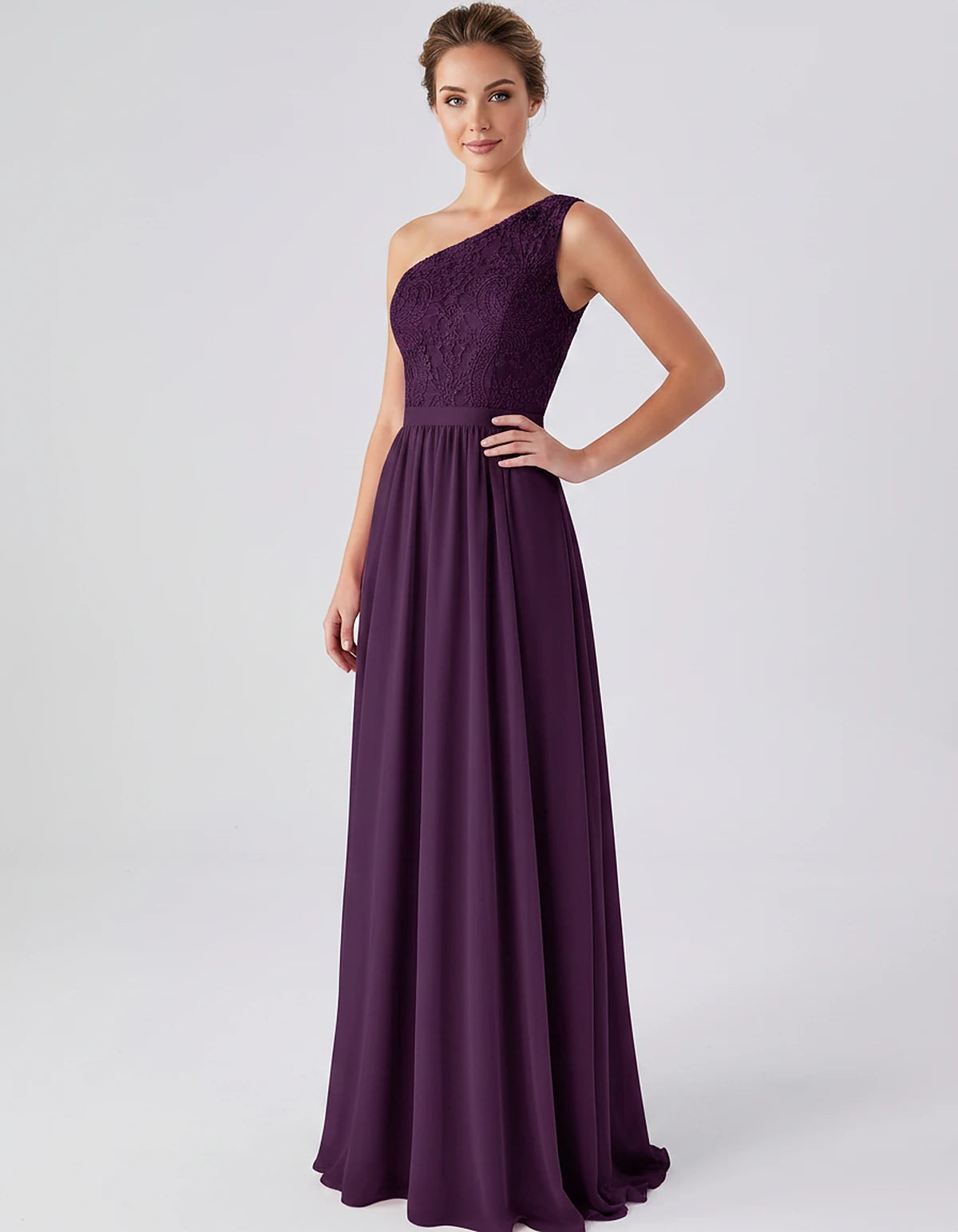 Lace Chiffon Sleeveless One-Shoulder A-Line Maxi Dress for Party, Cocktail, Evening, Wedding Guest & Summer Events, front vie