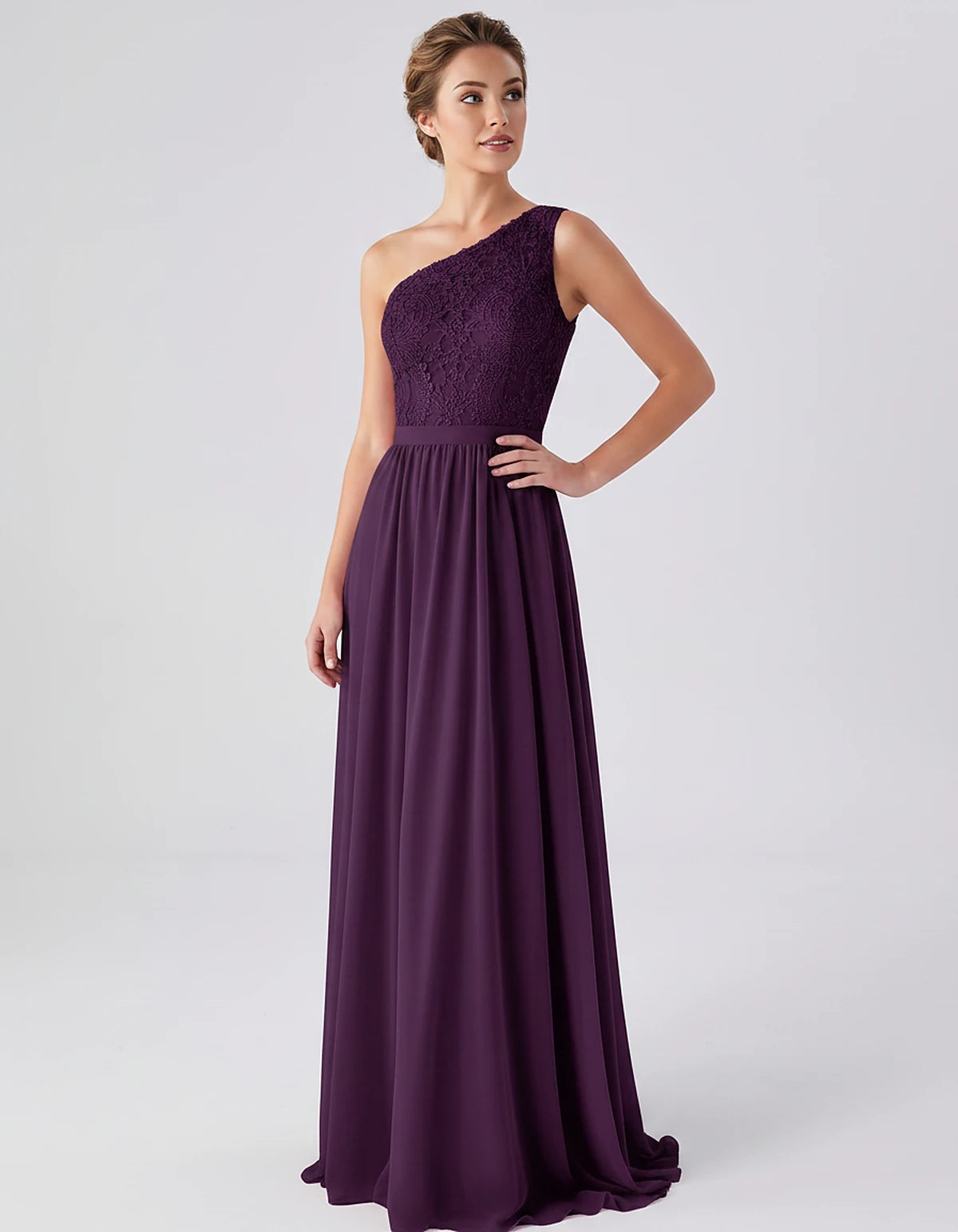 Lace Chiffon Sleeveless One-Shoulder A-Line Maxi Dress for Party, Cocktail, Evening, Wedding Guest & Summer Events, front vie