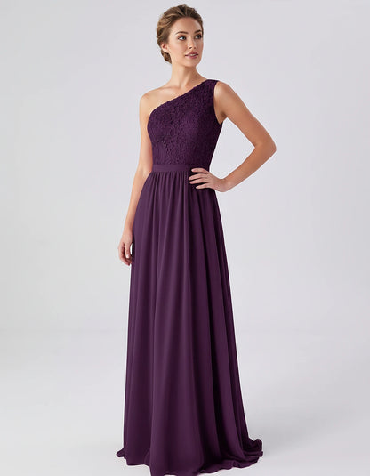 Lace Chiffon Sleeveless One-Shoulder A-Line Maxi Dress for Party, Cocktail, Evening, Wedding Guest & Summer Events, front vie
