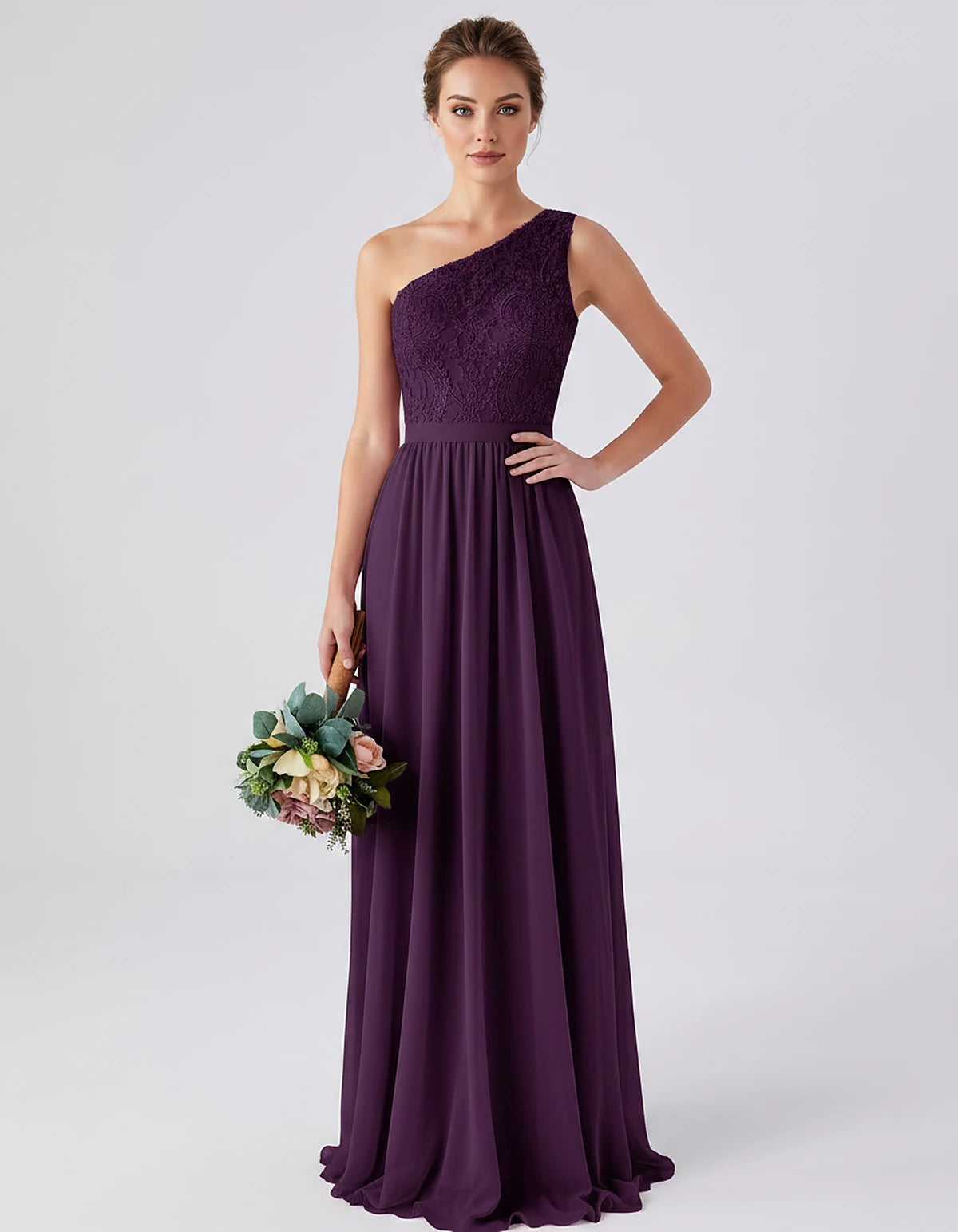Lace Chiffon Sleeveless One-Shoulder A-Line Maxi Dress for Party, Cocktail, Evening, Wedding Guest & Summer Events, front vie