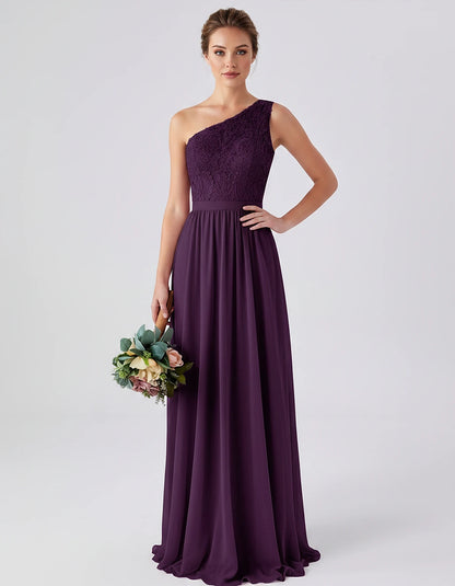 Lace Chiffon Sleeveless One-Shoulder A-Line Maxi Dress for Party, Cocktail, Evening, Wedding Guest & Summer Events, front vie