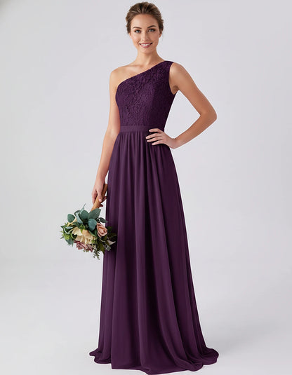 Lace Chiffon Sleeveless One-Shoulder A-Line Maxi Dress for Party, Cocktail, Evening, Wedding Guest & Summer Events, front vie
