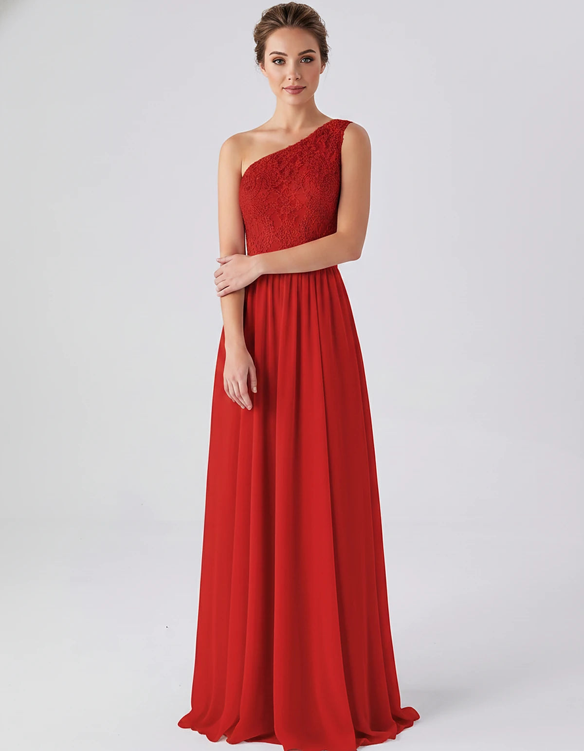 Lace Chiffon Sleeveless One-Shoulder A-Line Maxi Dress for Party, Cocktail, Evening, Wedding Guest & Summer Events, front vie