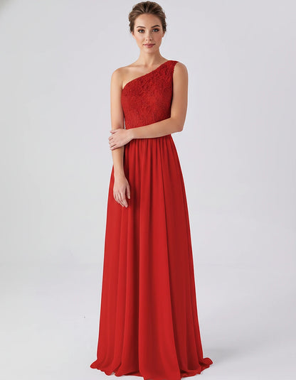 Lace Chiffon Sleeveless One-Shoulder A-Line Maxi Dress for Party, Cocktail, Evening, Wedding Guest & Summer Events, front vie
