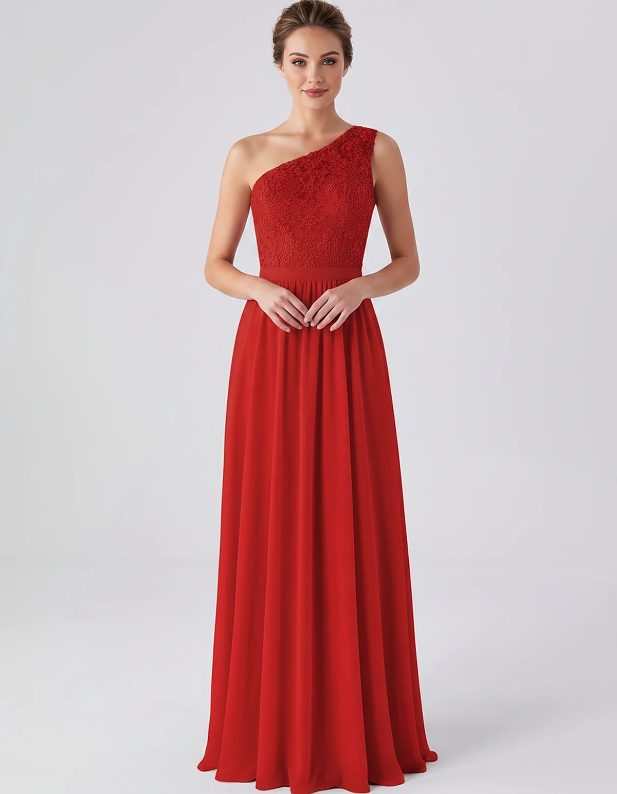 Lace Chiffon Sleeveless One-Shoulder A-Line Maxi Dress for Party, Cocktail, Evening, Wedding Guest & Summer Events, front vie