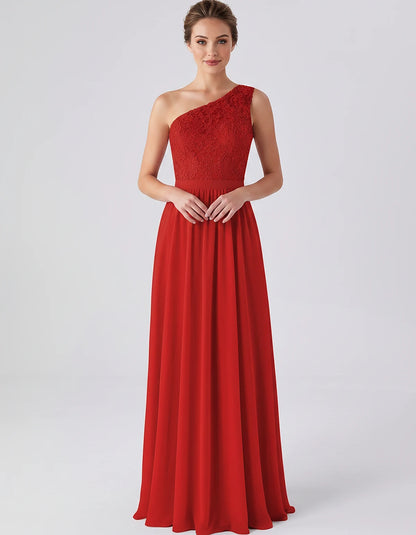 Lace Chiffon Sleeveless One-Shoulder A-Line Maxi Dress for Party, Cocktail, Evening, Wedding Guest & Summer Events, front vie