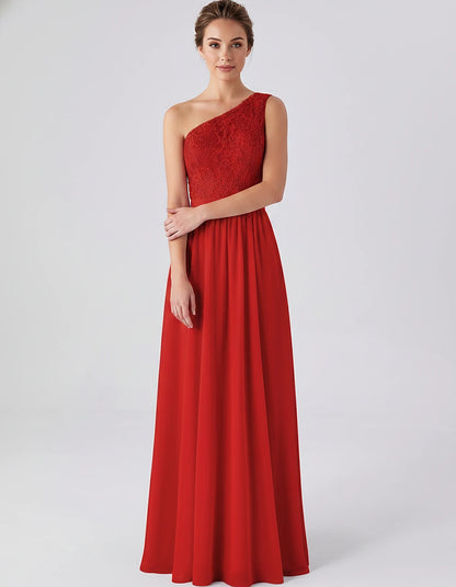 Lace Chiffon Sleeveless One-Shoulder A-Line Maxi Dress for Party, Cocktail, Evening, Wedding Guest & Summer Events, front vie