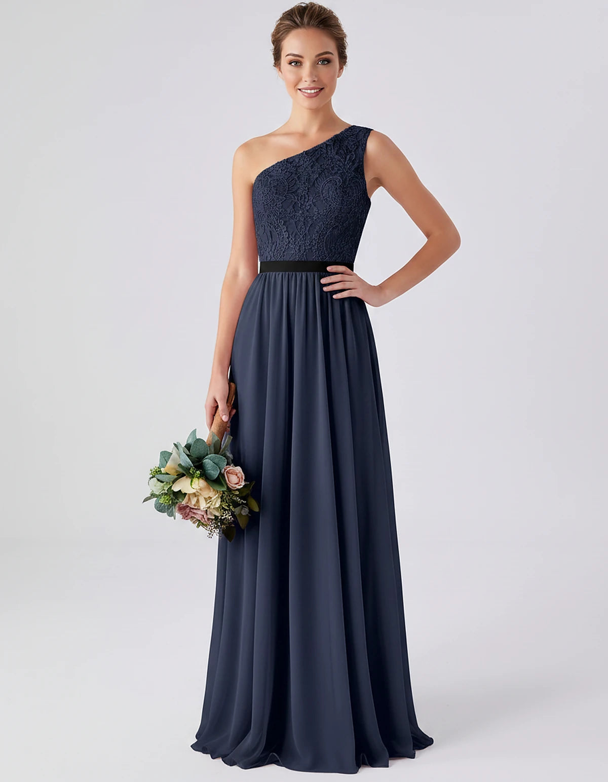 Lace Chiffon Sleeveless One-Shoulder A-Line Maxi Dress for Party, Cocktail, Evening, Wedding Guest & Summer Events, front vie