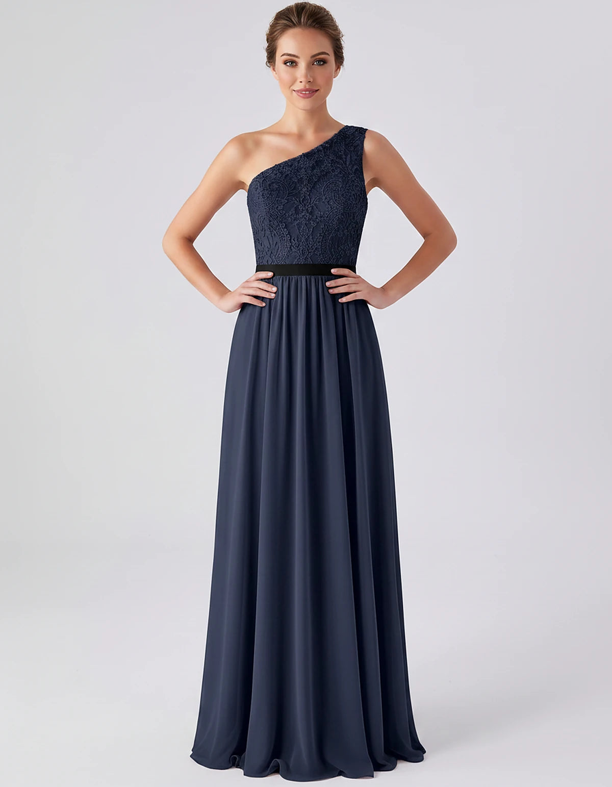 Lace Chiffon Sleeveless One-Shoulder A-Line Maxi Dress for Party, Cocktail, Evening, Wedding Guest & Summer Events, front vie