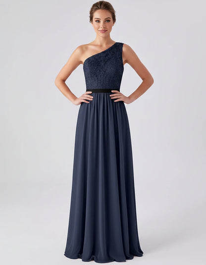 Lace Chiffon Sleeveless One-Shoulder A-Line Maxi Dress for Party, Cocktail, Evening, Wedding Guest & Summer Events, front vie