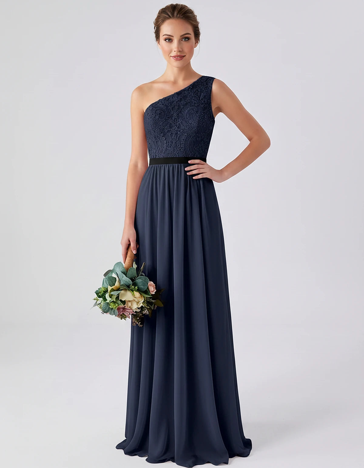 Lace Chiffon Sleeveless One-Shoulder A-Line Maxi Dress for Party, Cocktail, Evening, Wedding Guest & Summer Events, front vie