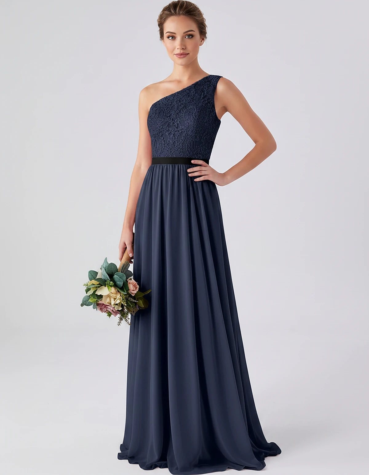 Lace Chiffon Sleeveless One-Shoulder A-Line Maxi Dress for Party, Cocktail, Evening, Wedding Guest & Summer Events, front vie