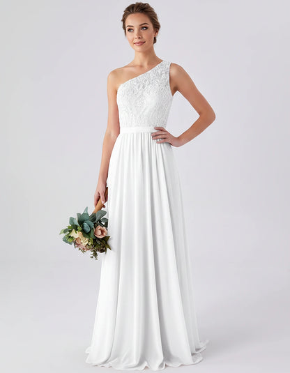 Lace Chiffon Sleeveless One-Shoulder A-Line Maxi Dress for Party, Cocktail, Evening, Wedding Guest & Summer Events, front vie