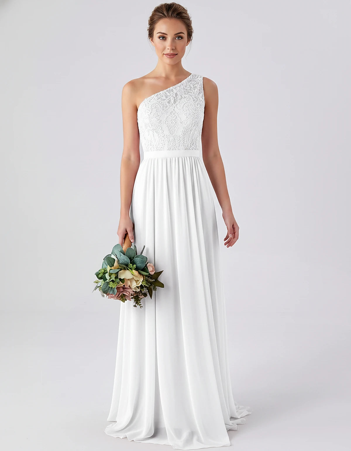 Lace Chiffon Sleeveless One-Shoulder A-Line Maxi Dress for Party, Cocktail, Evening, Wedding Guest & Summer Events, front vie