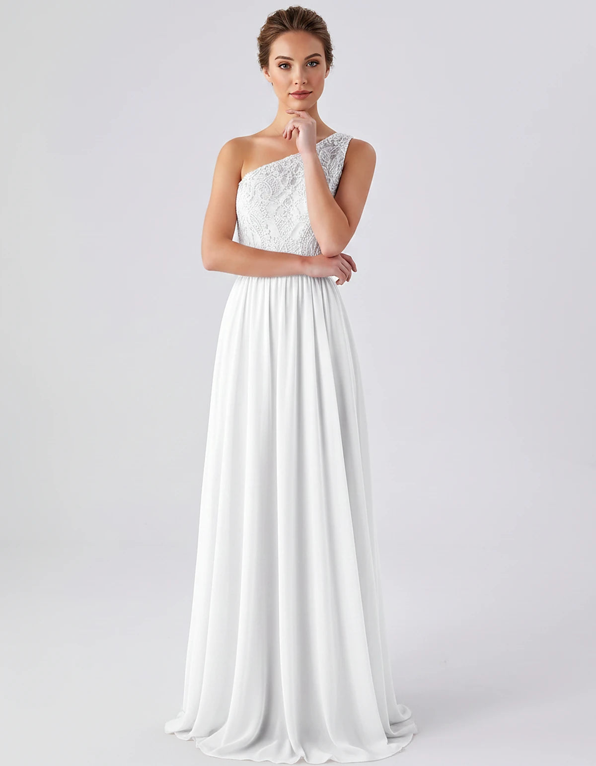 Lace Chiffon Sleeveless One-Shoulder A-Line Maxi Dress for Party, Cocktail, Evening, Wedding Guest & Summer Events, front vie