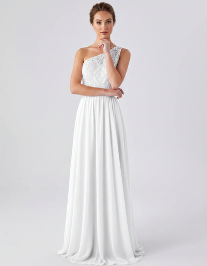 Lace Chiffon Sleeveless One-Shoulder A-Line Maxi Dress for Party, Cocktail, Evening, Wedding Guest & Summer Events, front vie
